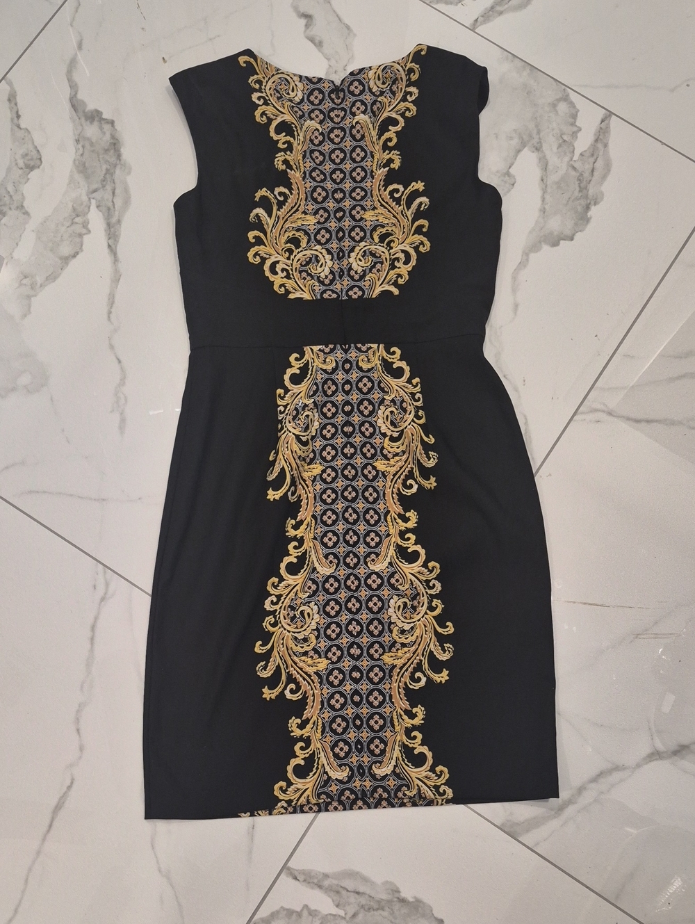 London Times Black Midi Dress with Gold Baroque Panel